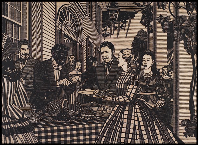 Black ink on carved woodblock by Kristin Powers Nowlin of figures outside a plantation home based on a Budweiser ad from the 1930s.