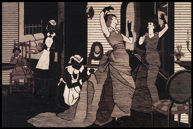 Black ink on carved woodblock by Kristin Powers Nowlin of figures in an interior space based on a Maxwell House Coffee ad from the 1920s.