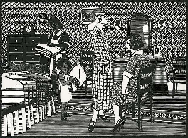Black and white woodblock print by Kristin Powers Nowlin of figures in an interior scene based on an advertisement from a Linit starch ad from the 1920s.