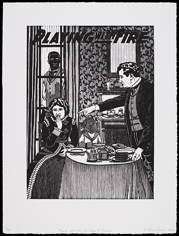 Black and white woodblock print by Kristin Powers Nowlin of figures in an interior space based on a movie poster from 1915.