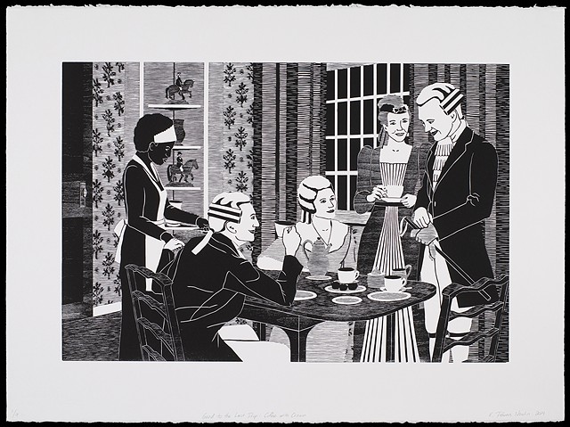 Black and white woodblock print by Kristin Powers Nowlin of figures in a interior space based on a Maxwell House Coffee ad from the 1930s.