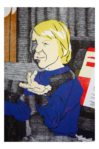 Color woodblock print of a photo of Kristin Powers Nowlin from 1980.