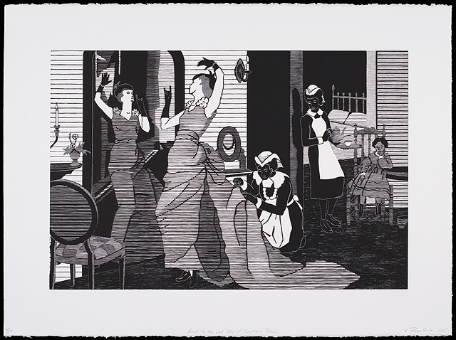 Black and white woodblock print by Kristin Powers Nowlin of figures in an interior space based on a Maxwell House Coffee ad from the 1920s.