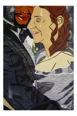 Color woodblock print of a photo of Kristin Powers Nowlin from 1994.