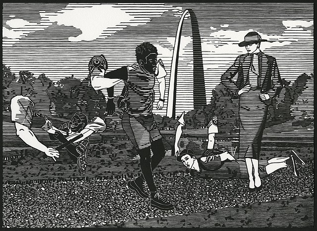 Black and white woodblock print by Kristin Powers Nowlin of figures in St. Louis based on a Pendleton ad from the 1980s.