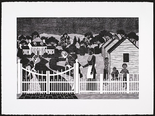 Black and white woodblock print by Kristin Powers Nowlin of figures in a landscape based on a Norfolk & Western Railroad tourism brochure for Virginia from the 1930s.