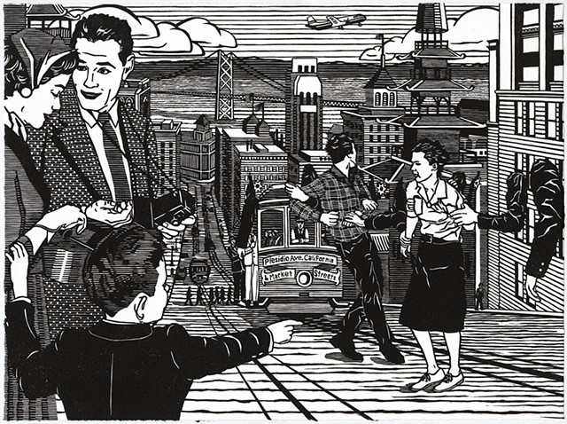 Black and white woodblock print by Kristin Powers Nowlin of two figures in precarious positions on a San Francisco street based on an United Airlines ad from 1954.