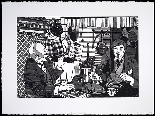 Black and white woodblock print by Kristin Powers Nowlin of figures in an interior scene based on an advertisement from an Aunt Jemima Pancake ad from the 1950s.