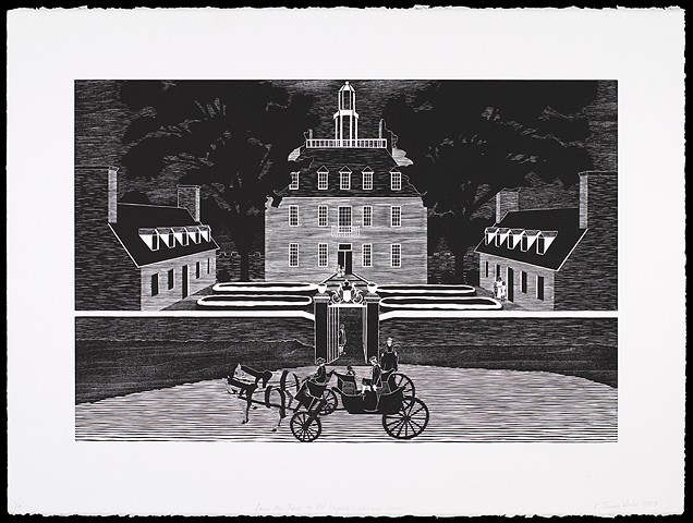 Black and white woodblock print by Kristin Powers Nowlin of figures in a landscape based on a tourism brochure for Virginia from the 1960s.