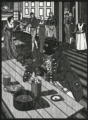 Black and white woodblock print by Kristin Powers Nowlin based on a cover of a recipe book for the Evaporated Milk Association from 1932.