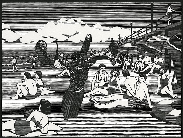 Black and white woodblock print by Kristin Powers Nowlin of figures in an beach scene based on a travel brochure from Virginia from the 1950s.