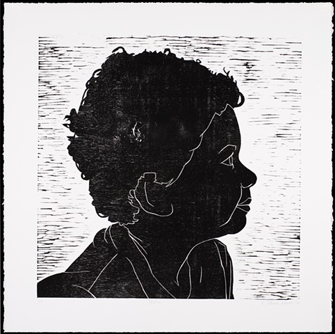One layer woodblock print by Kristin Powers Nowlin of a child's profile.