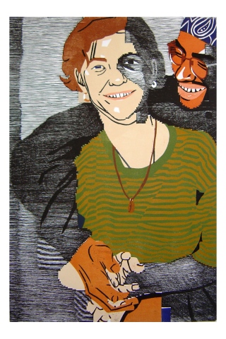 Color woodblock print of a photo of Kristin Powers Nowlin from 1992.