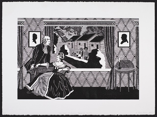 Black and white woodblock print by Kristin Powers Nowlin of figures in an interior space based on a Norfolk & Western Railroad tourism brochure for Virginia from the 1930s.