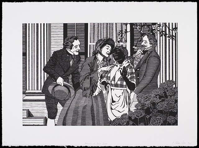 Black and white woodblock print by Kristin Powers Nowlin of figures in a scene outside a plantation home based on an Aunt Jemima Pancake Mix ad from the 1950s.