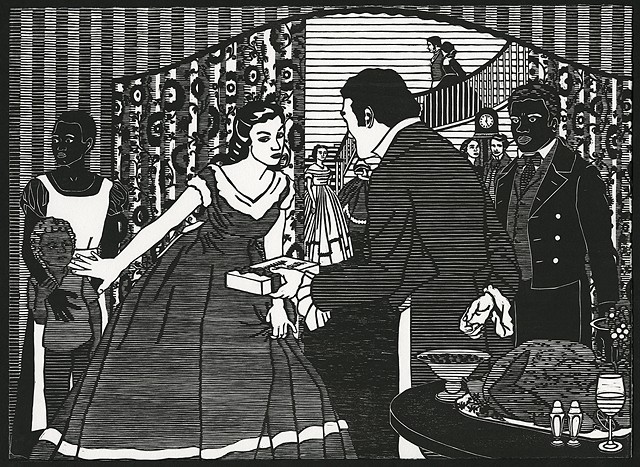 Black and white woodblock print by Kristin Powers Nowlin based on an advertisement for Nunnally's Candy of the South from 1920.