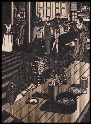 Black ink on carved woodblock by Kristin Powers Nowlin of figures in an interior space based on a cover of a recipe book for the Evaporated Milk Association from 1932. 