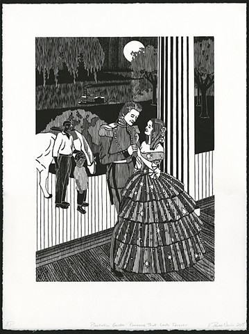 Black and white woodblock print by Kristin Powers Nowlin based on an Old South Toiletries advertisement from the 1930s.