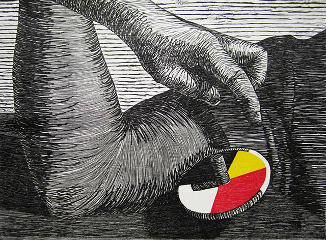 Three color woodblock print by Kristin Powers Nowlin of a spinning top, a hand, and an elbow.