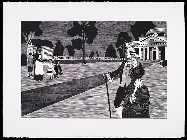 Black and white woodblock print by Kristin Powers Nowlin of figures in a landscape based on a tourism brochure for Virginia from the 1950s.