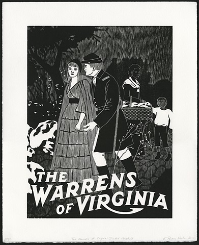 Black and white woodblock print by Kristin Powers Nowlin of figures in a landscape based on a movie poster from 1915.