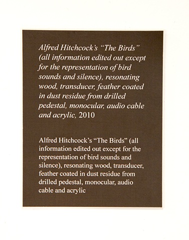 title:
Alfred Hitchock's "The Birds" (all information edited out except for the representation of bird sounds and silence), resonating wood, transducer, feather coated in dust residue from drilled pedestal, monocular, audio cable and acrylic              