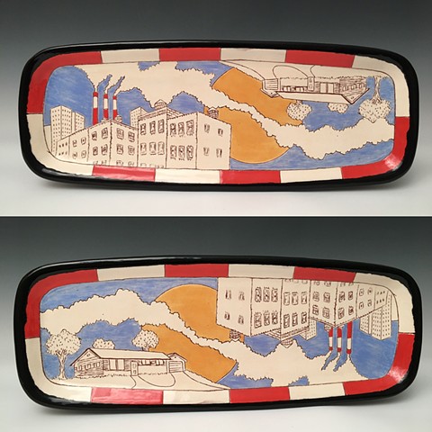 Rectangular platter with image of smoke connecting city with suburbia