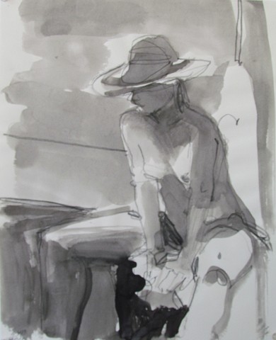 broad brimmed hat, hat, nude, seated on stool