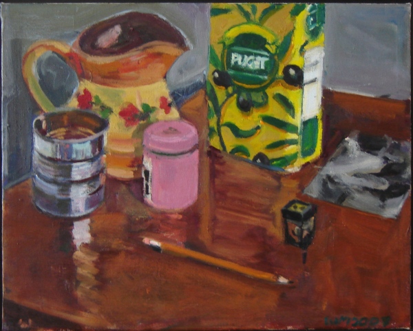 pitcher, olive oil can, Puget can, tin can, pink container, pencil, pencil sharpener, hello, orange red, brown, copper, black