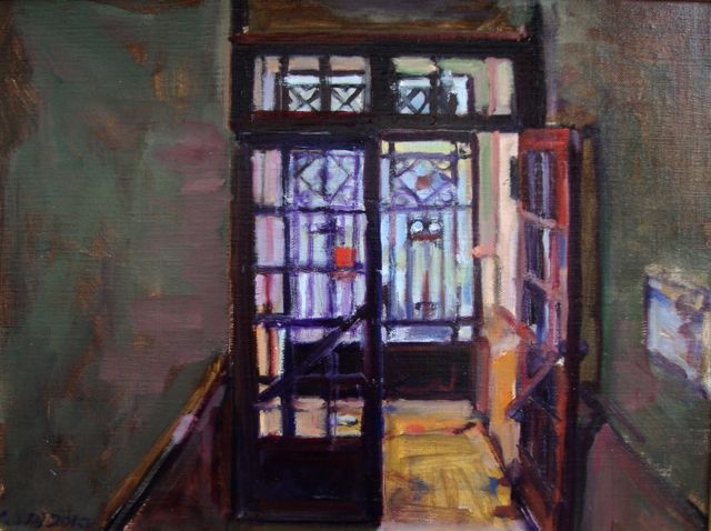 dark,Nice, France, entrance,hallway,stained glass, ceramic tile, wood,oil on canvas, blue, yellow, red, high contrast, interior - exterior, sunlight 