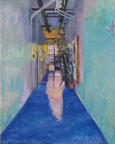 hallway, umbrellas, plants, door, open door, blue floor, 
