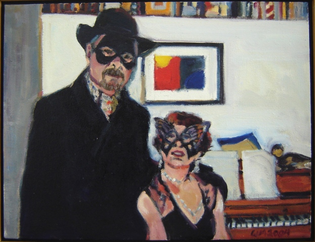 masks, evening attire, overcoat, hat, cocktail dress, black, painting in background, walls, black coat, black ht, beard, red head, piano in background