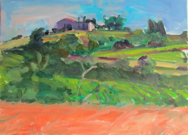 plein air, vineyards, fields, building on hill, trees, blue sky, clouds