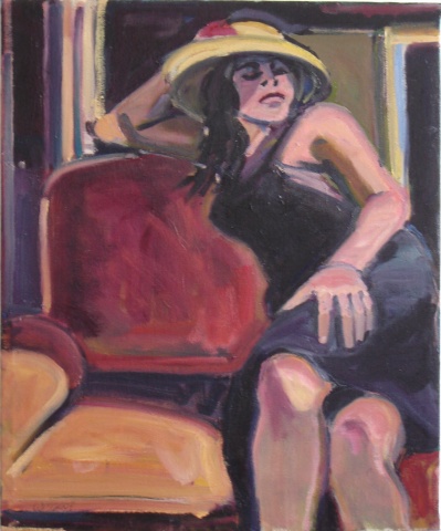 tan hat with red, flower, large brimmed hat, black dress, woman on chair arm, leg crossed, red cushion, orange, long dark hair, eyes closed, frame edge in back  