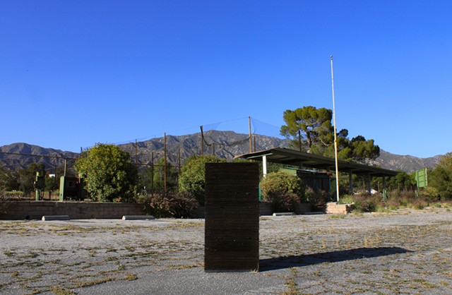 Photograph of tarpaper sculpture at Tuna Canyon Los Angeles Japanese American World War II detention center historic site. By Gardiner Funo O'Kain.