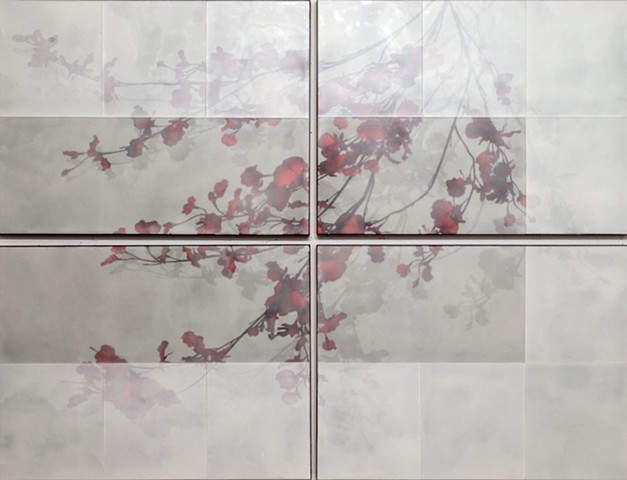 "Four Panel Red Orchids on Brewster Grey"