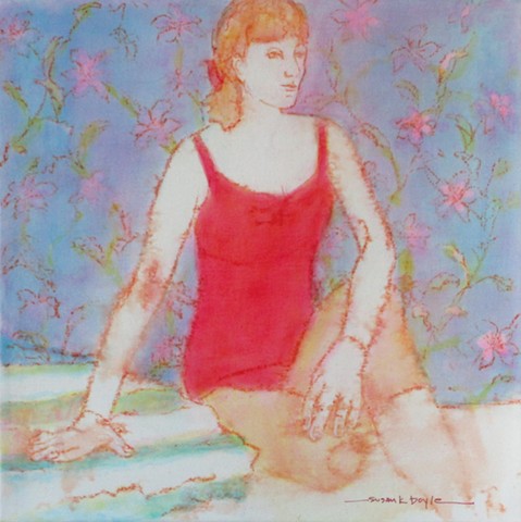 tiny painting, figurative, contemporary, expressionism, mood, floral motif, seated woma