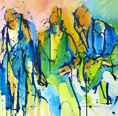 abstract, figurative, expressionism, men, interactions, modern, contemporary, Three figures conversing featuring bold lines and brilliant colors, abstract figurative artist.
