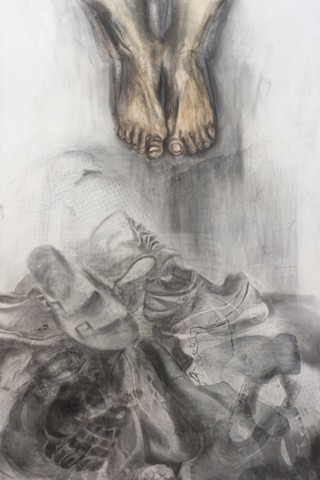 Title: Swollen Feet, sanded screenprint and graphite on panel