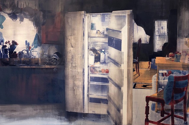 Emily Orzech, Refrigerator: cachexia, sanded screenprint and graphite on panel, 2018