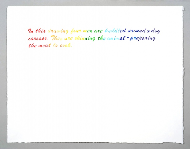 text watercolor drawing "Rainbow Dogs" by artist Joe Hardesty