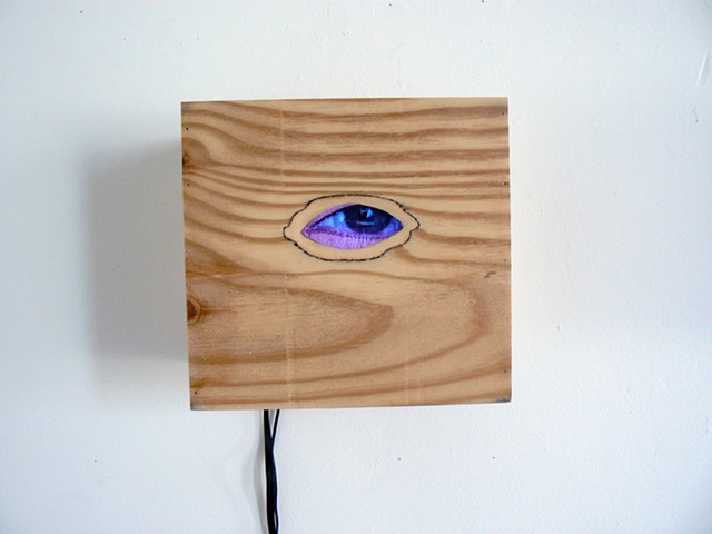 Video of multiple layers of eyes looking at the viewer through plywood box