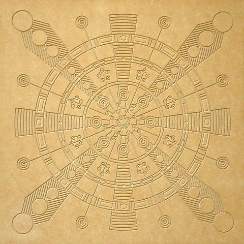 Carved modern contempory art that expresses the inspration of the stone relief’s of the ancient world (hieroglyphs and petroglyphs), the architectural detailing of Frank Lloyd Wright and the infamous extraterrestrial crop circle patterns. 