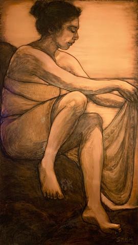Classic female figure drawing on copper in Hawaii