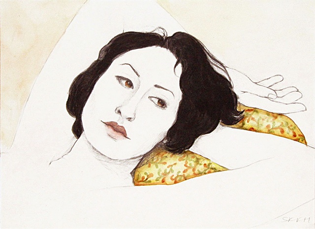 Portrait, figure art, woman lying on pillow