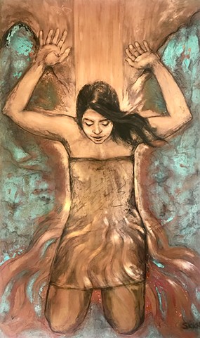 Female figure drawing on copper in Hawaii