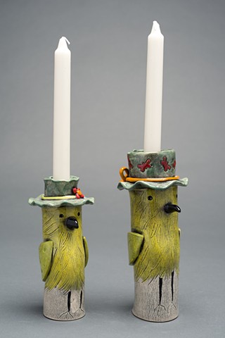 Yellow bird candleholders. Can also be made as vases