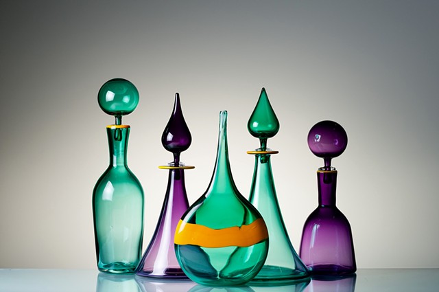 Genie Bottles, hand blown glass decanters with stoppers
