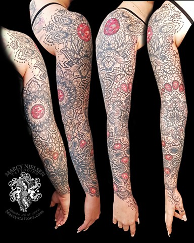 mandala sleeve tattoo with jewels and henna