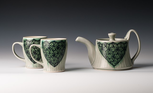 New Teapot and Slim Mugs, blue-green hex